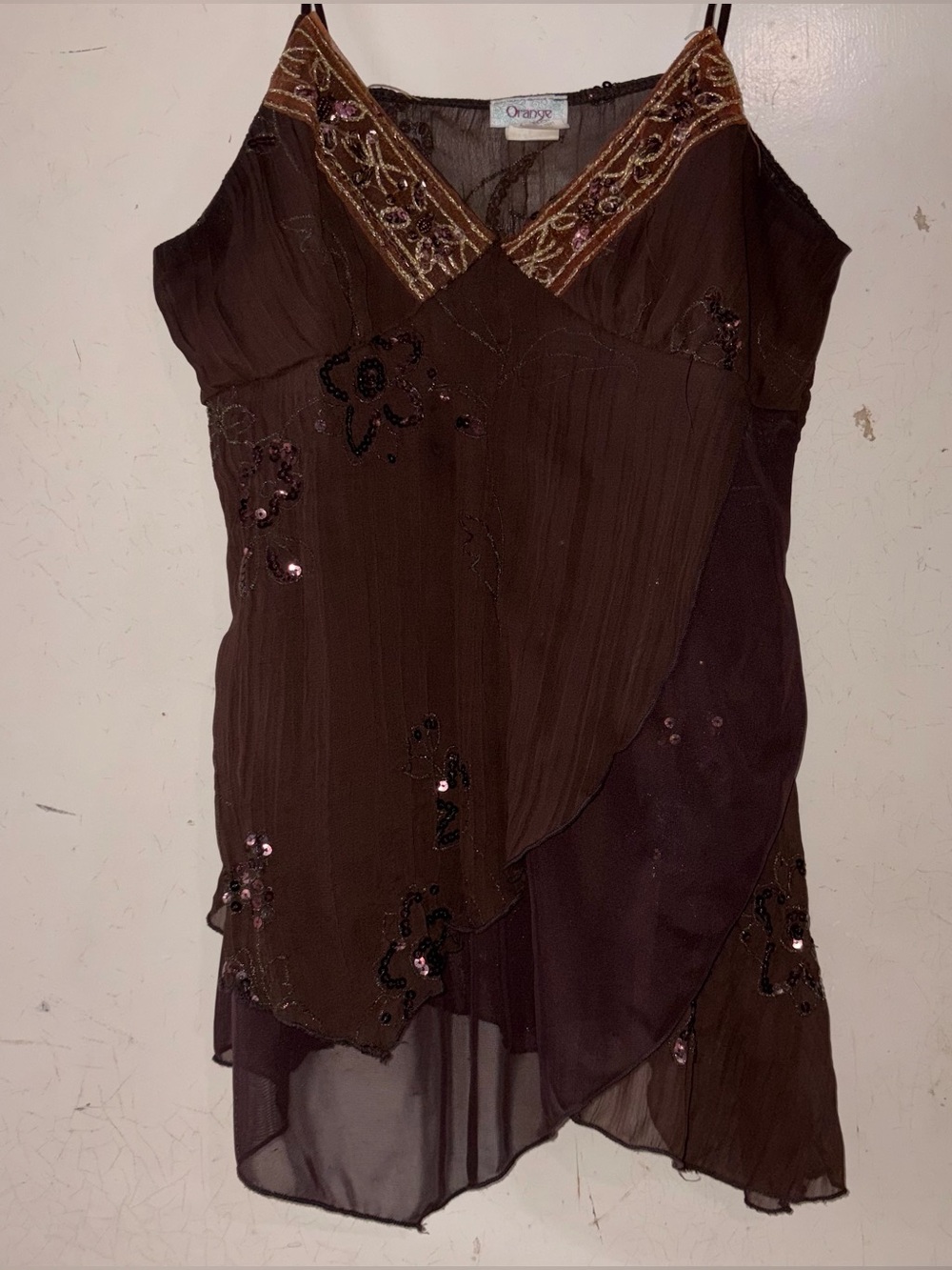 Orange Brown Beaded V-Neck whimsigoth top with Copper Embellished Trim